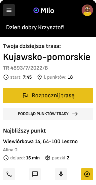 Aplikacja kierowcy Milo z przypisaną trasą