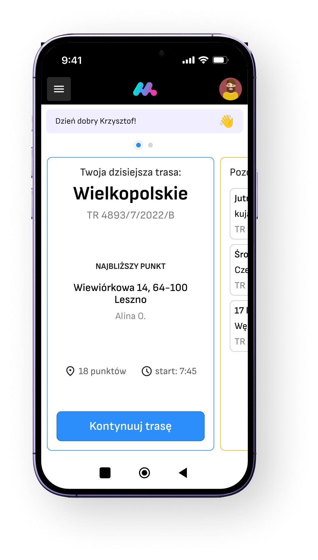 Dzisiejsza trasa kierowcy w aplikacji Milo