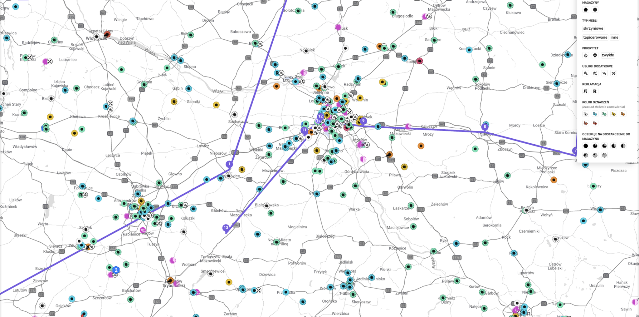 Mapa z planowaną trasą dostaw.
