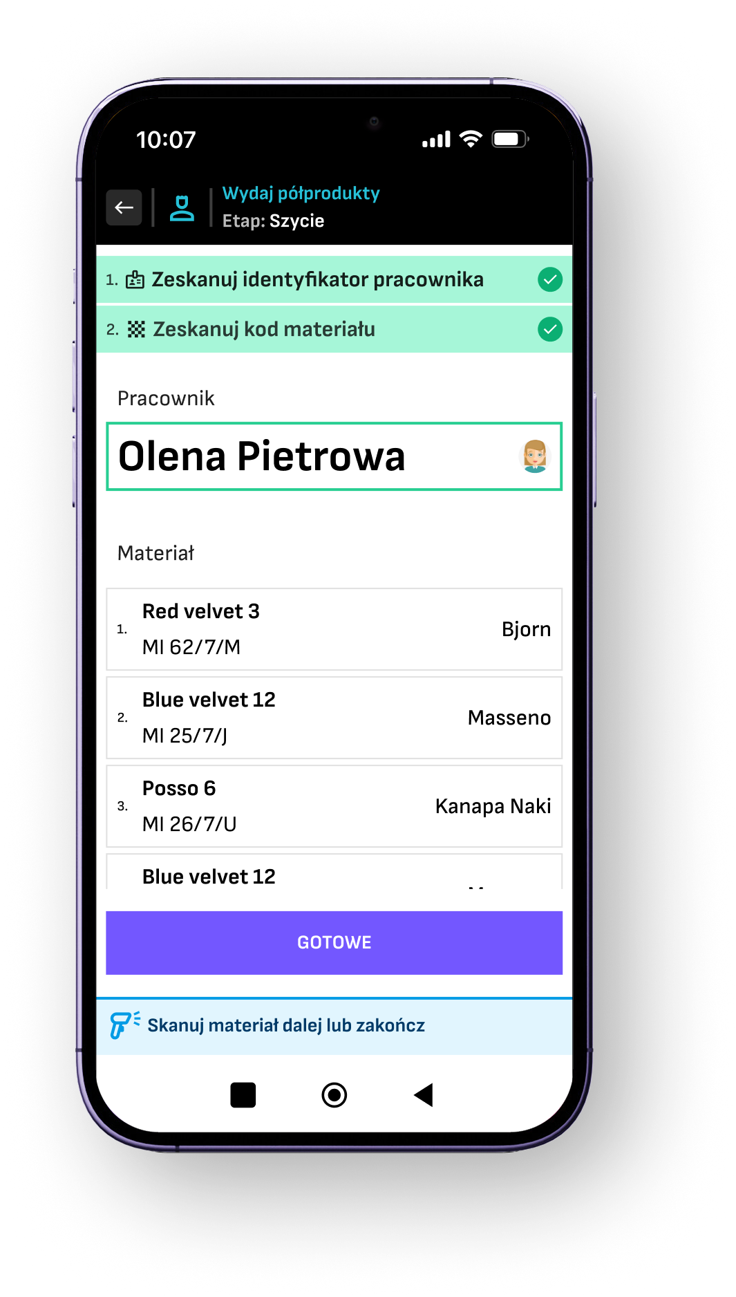 Potwierdzenie wykonania pracy produkcyjnej w aplikacji Milo