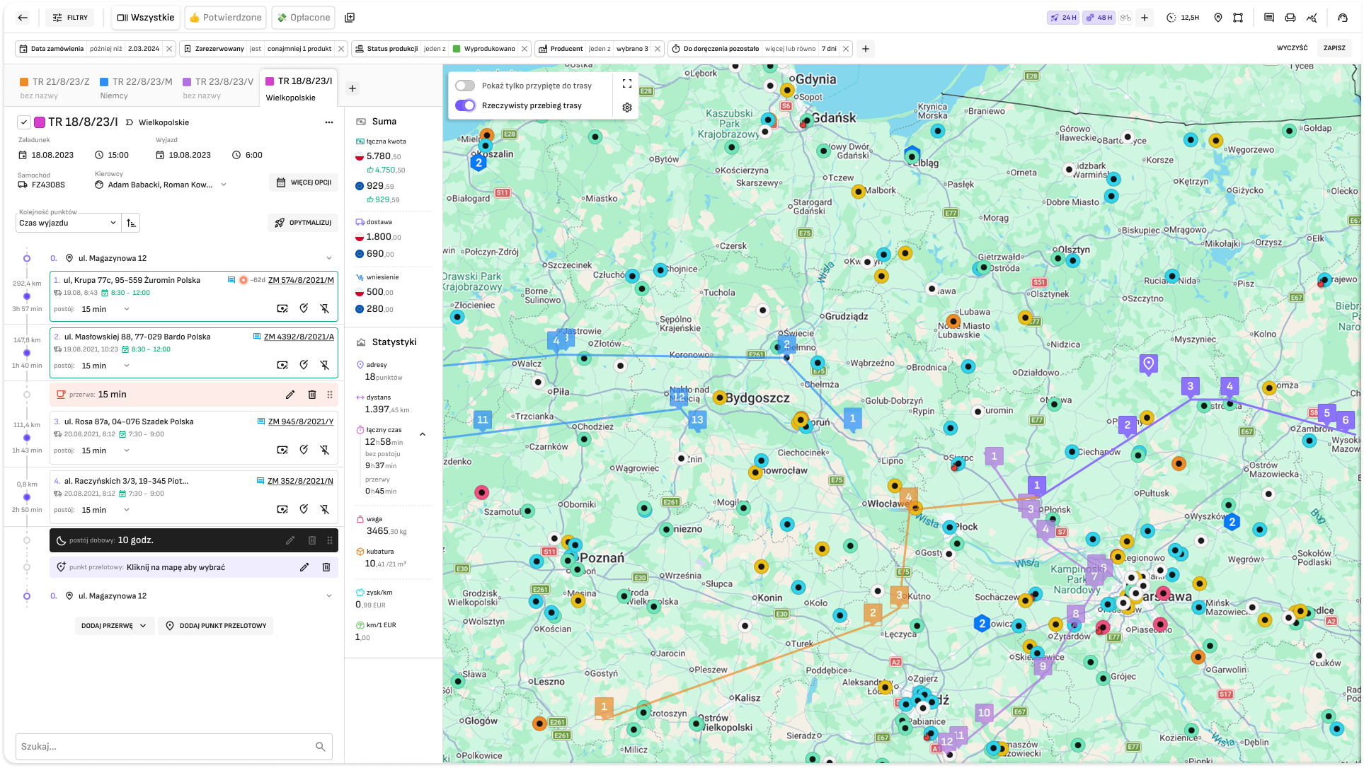 Widok planera tras Milo z mapą, listą punktów dostawy i statystykami trasy